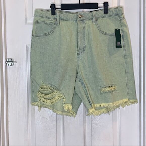 Wild Fable High Rise Bermuda Shorts Distressed Green Yellow Size 14 - Picture 1 of 12